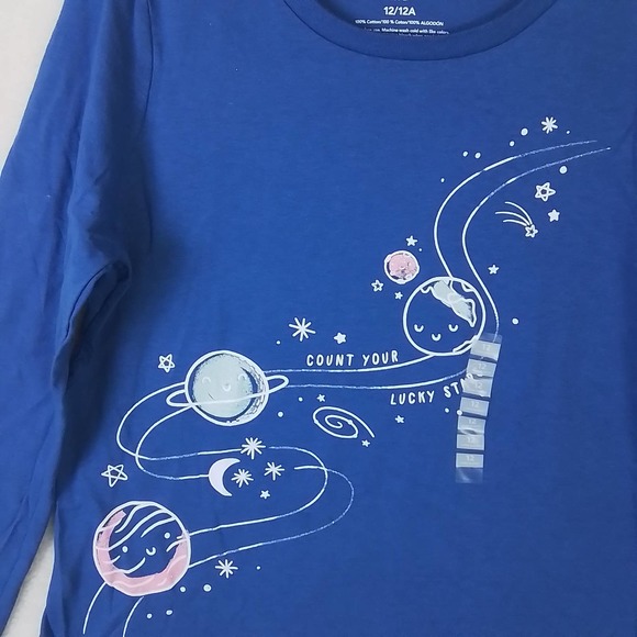 Carter's Kid Long Sleeve Cotton T-Shirt Girl's Size 12 Blue w/ Space Theme - Picture 4 of 10